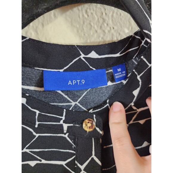 Apt 9 Womens M Black White Geometric Long Sleeve Button Up Belted Dress - Picture 8 of 10